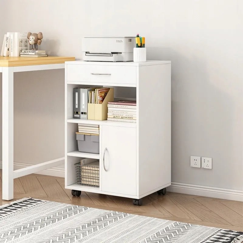 Biała szafka biurowa z półkami i szufladą – 50 x 40 x 75 cm – miejsce do przechowywania pod drukarką