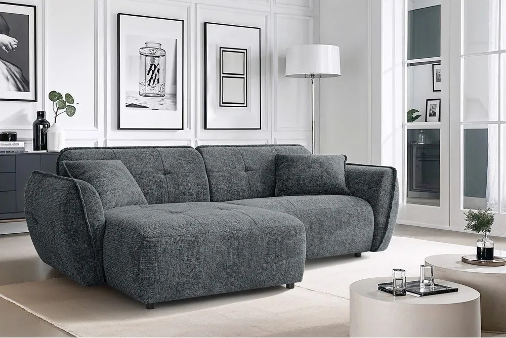 Ciemnoszary narożnik z tkaniny szenilowej (lewostronny/z szezlongiem) Nelia – Ropez