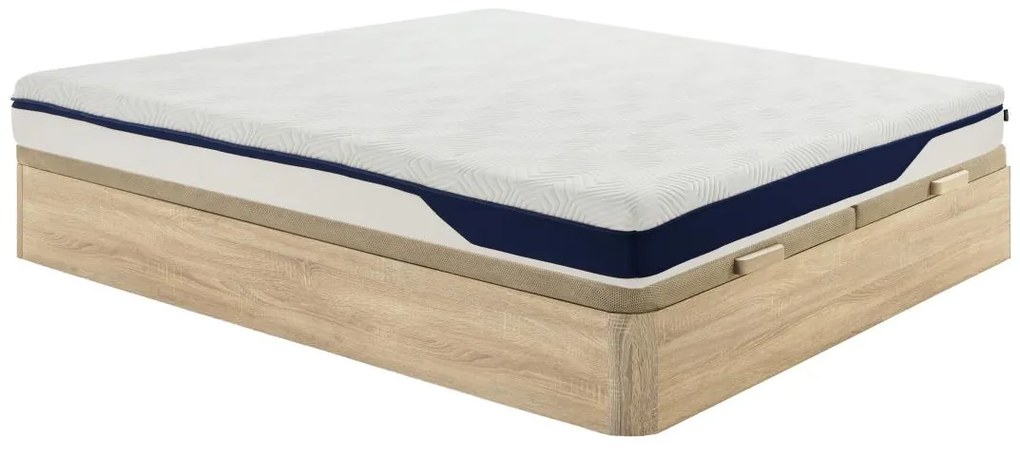 Zestaw 180 x 200 cm jasne naturalne łóżko  ze skrzynią + materac z pianki HD 7 stref i zdejmowana warstwa żelowa z pamięcią kształtu gr. 22 cm- FAGANI od YSMÉE