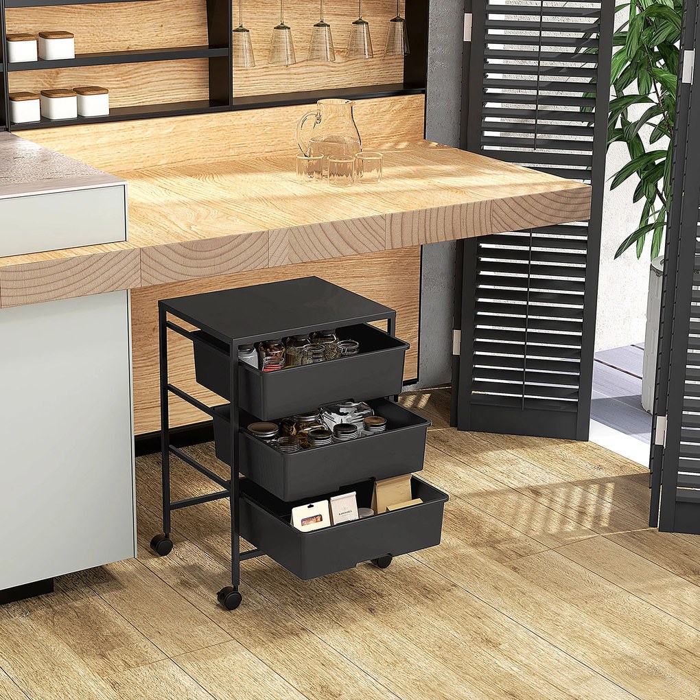 HOMCOM Boczny wózek na kółkach z 3 koszami do przenoszenia i przechowywania, wózek kuchenny, 40,8 dł. x 33,5 szer. x 60,5 wys. cm, Czarny