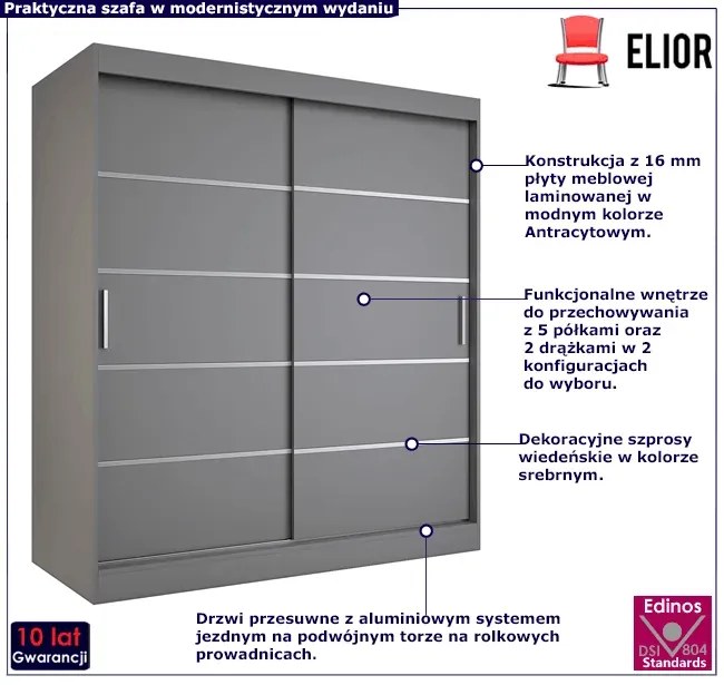 Szafa przesuwna antracyt 180 cm - Bohosa 5X