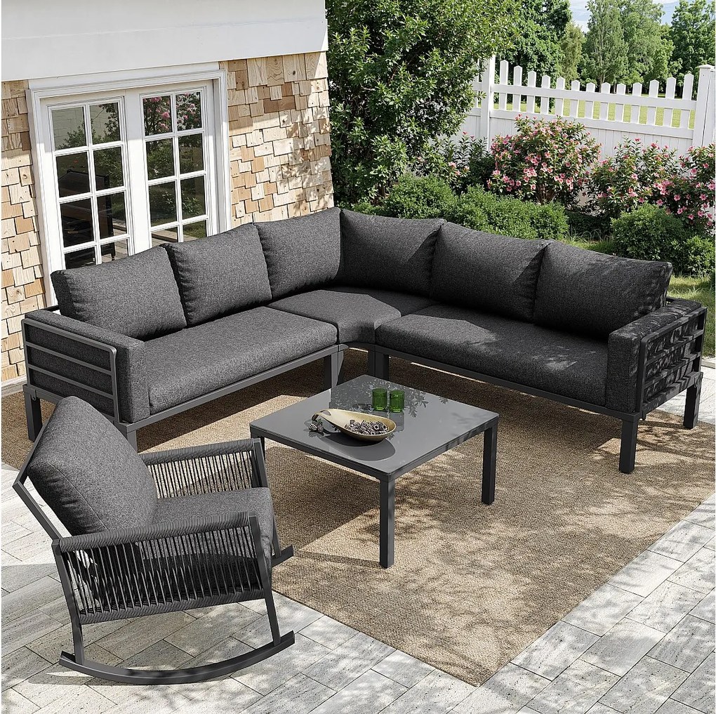 Zestaw mebli ogrodowych modułowy 5-osobowy - z 1 fotelem bujanym + sofą + stolikiem + poduszkami - metalowy - szary