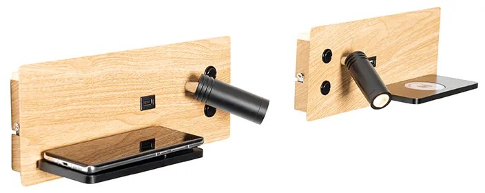 Zestaw 2 lamp ściennych czarnych z drewnem, w tym LED z USB i ładowarką indukcyjną - Riza