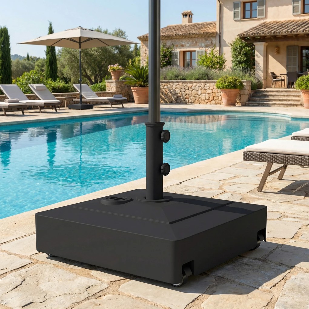 Outsunny Stojak na Parasol z Kółkami, Napełniany 61 kg Piaskiem/40 kg Wodą, Do Masztów Ø35, 38, 48 mm, Czarny | Aosom PL