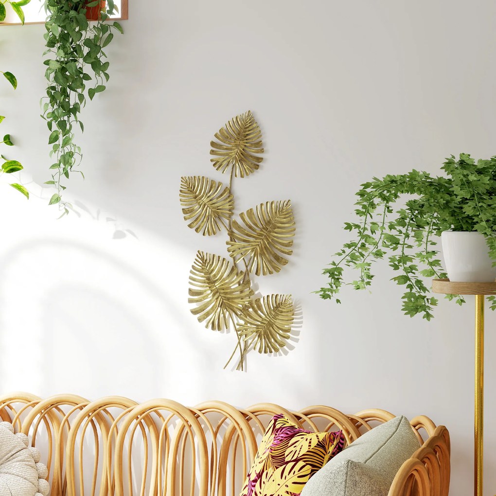 HOMCOM Zestaw dekoracji ściennej z metalu, lakierowana powierzchnia, forma liści, złoty kolor