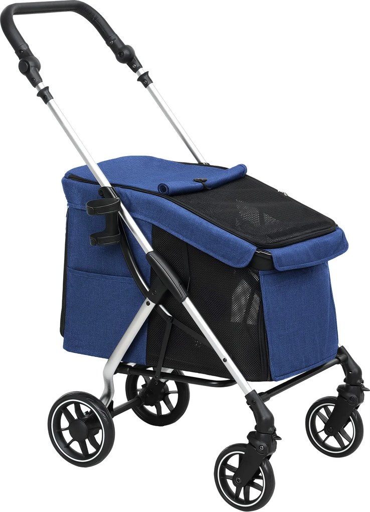 PawHut Wózek dla psów, lekki i składany transporter dla małych psów, zdejmowana poduszka, okna z siatki, Ciemnoniebieski