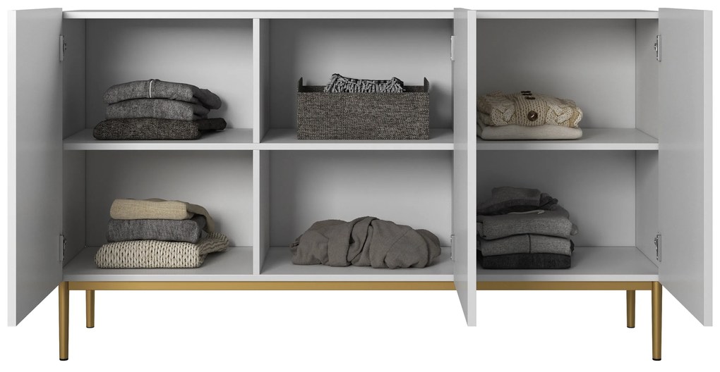 Komoda Nicole 150 cm trzydrzwiowa z ryflowanym frontem - biały mat / złote nóżki