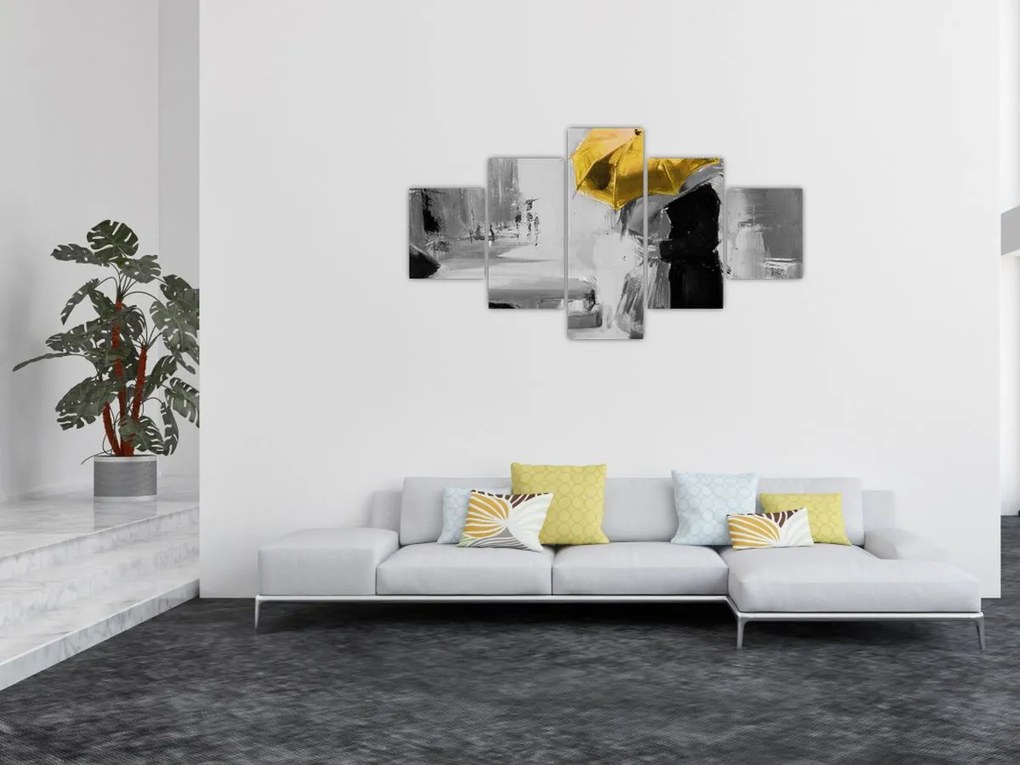 Obraz - Zakochana para pod parasolem, żółty (125x70 cm)