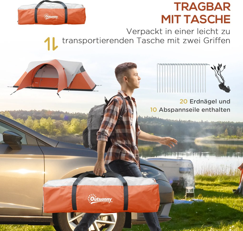 Outsunny Namiot kempingowy dla 5-6 os., Namiot rodzinny, wodoodporny, z przedpokojem, 550L x 300B x 198Wcm, Pomarańczowy
