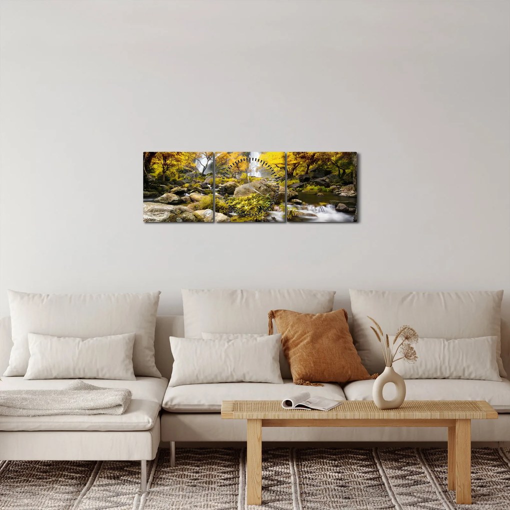 Obraz - Wodospady w jesiennym krajobrazie, żółty (z zegarem) (90x30 cm)