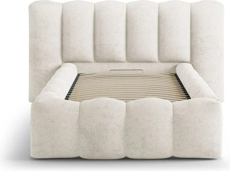 Beżowe tapicerowane łóżko jednoosobowe ze schowkiem i stelażem 90x200 cm Lupine – Micadoni