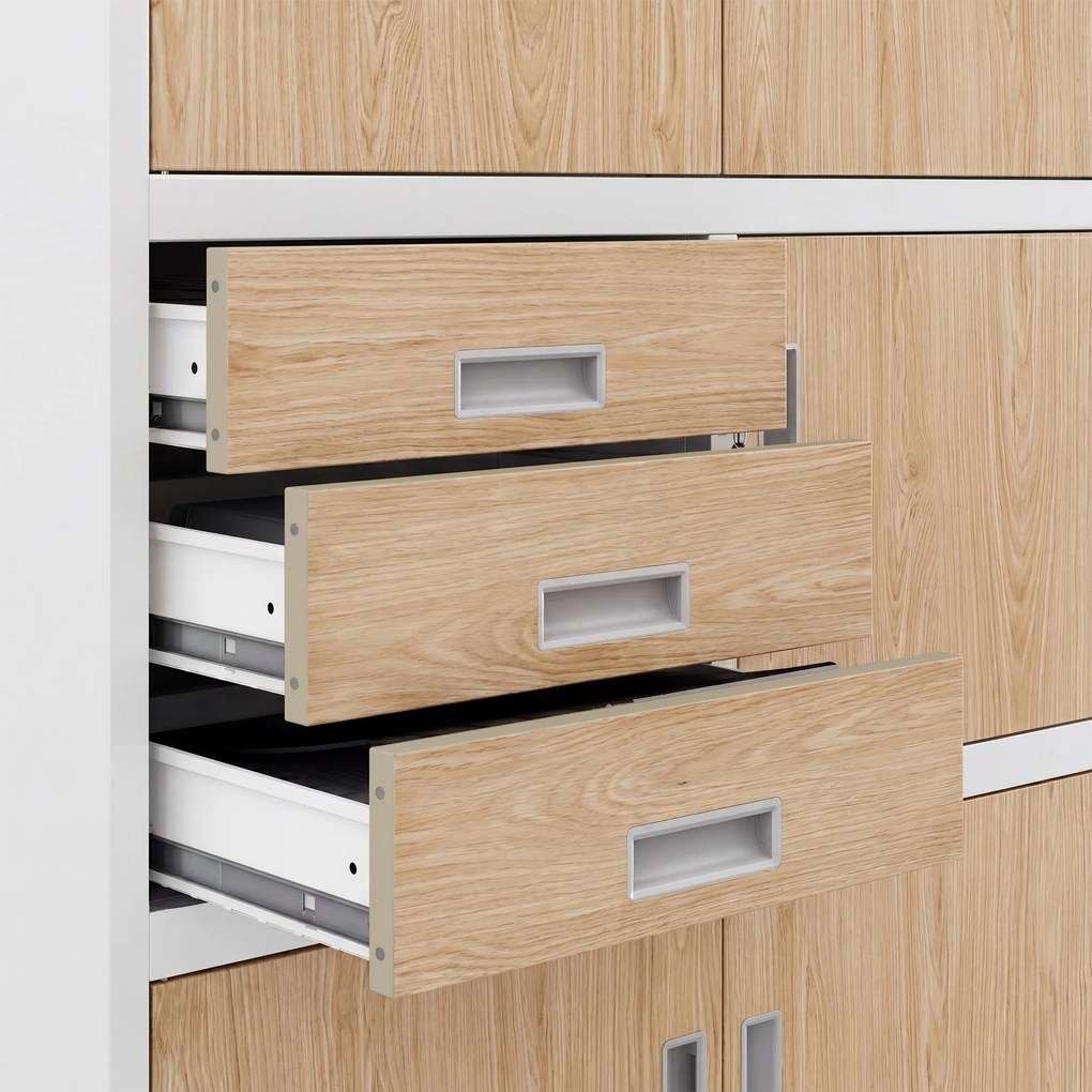 Biurowa szafa metalowa z sejfem biała / dąb sonoma: Eco Design FILIP II, 900 x 1850 x 400 mm