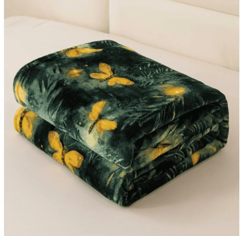 Mikropluszowy koc YELLOW BUTTERFLY, ciemnozielony Rozmiar: 160 x 200 cm