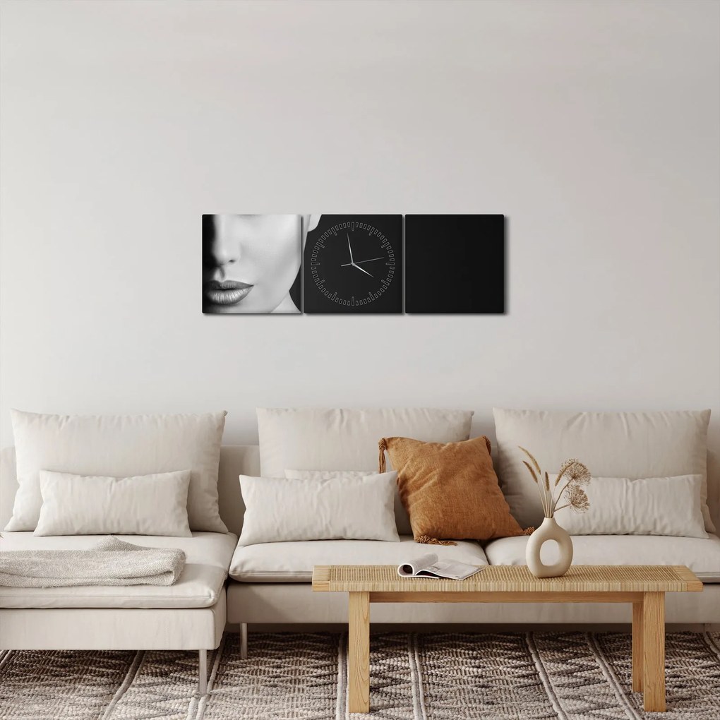 Obraz - Czarno - biały portret kobiety w kapeluszu (z zegarem) (90x30 cm)