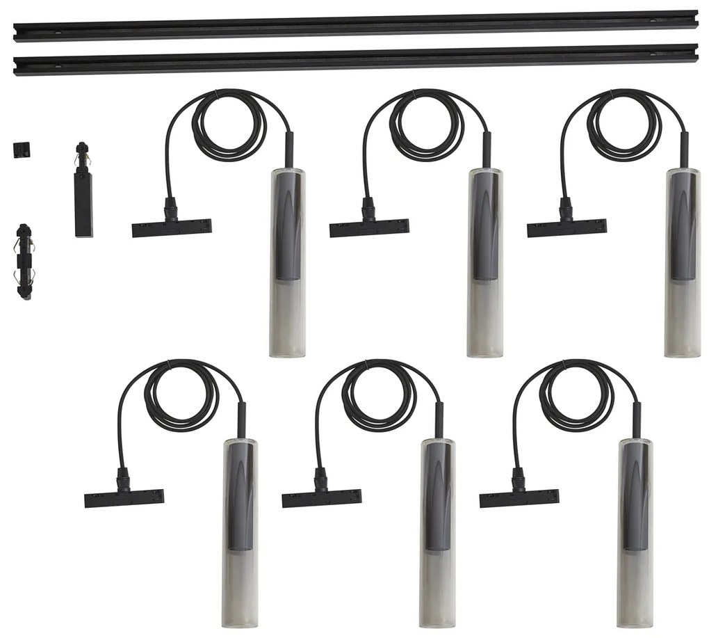 Modern railsysteem zwart met 6 hanglampen zwart met smoke glas 1-fase - Slimline Loyce Nowoczesny Oswietlenie wewnetrzne