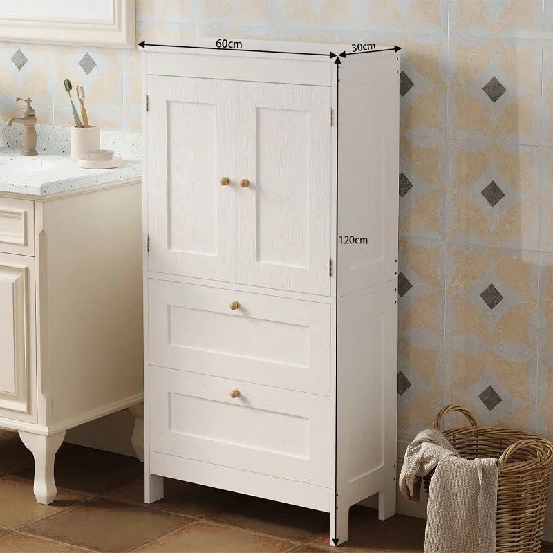 Regał łazienkowy / szafka wolnostojąca – biała – 120 cm – 2 szuflady + drzwiczki – styl loft