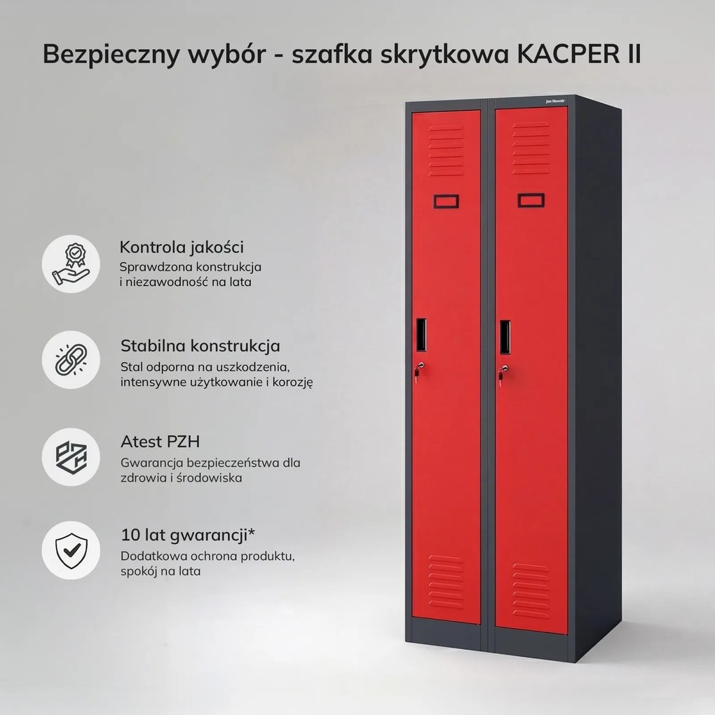 Dwudrzwiowa szafa BHP wąska 60x50x180 cm Kacper 2, antracyt/czerwony