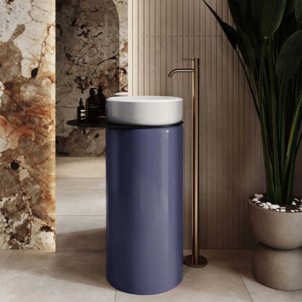 Massi Umywalka z konglomeratu wolnostojąca RONA Duo Dusty blue Glow ze szklaną półką i korkiem | Różne kolory : Kolor szkła - Brązowy, Podłączenie syfonu - Do podłogi, Półka - Szklana