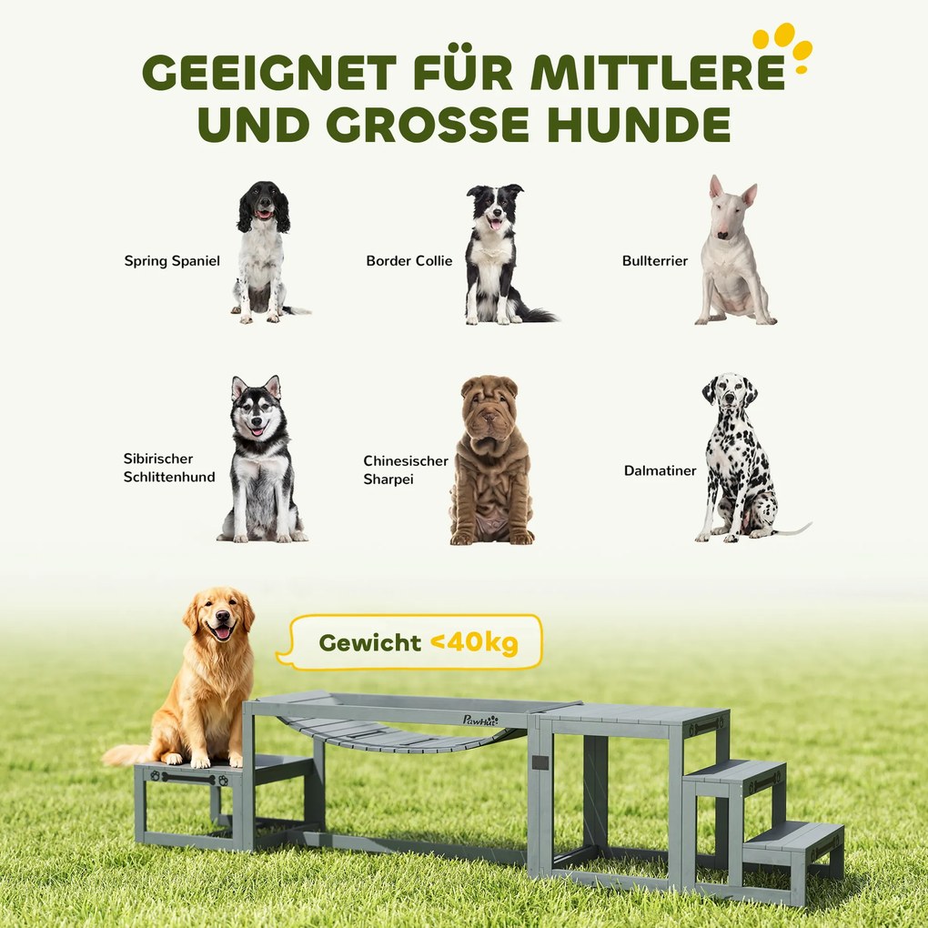 PawHut Zestaw agility dla psów 3-częściowy zestaw sprzętu agility z mostem, schodami, platformą, z drewna świerkowego, 117 x 50 x 56 cm, Szary | Aosom PL