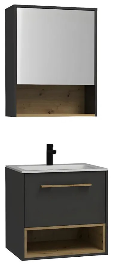 Szafka łazienkowa wisząca  antracytowa z umywalką i lustrem w zabudowie - 60 cm - YANGRA