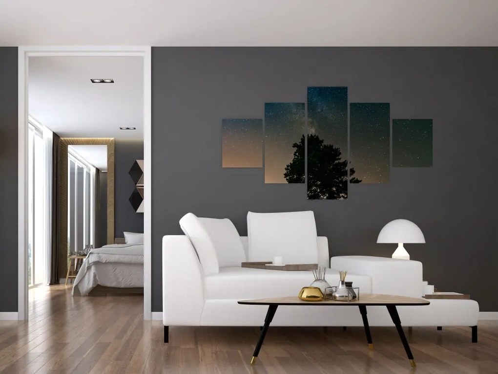 Obraz nocnego nieba z drzewami (125x70 cm)