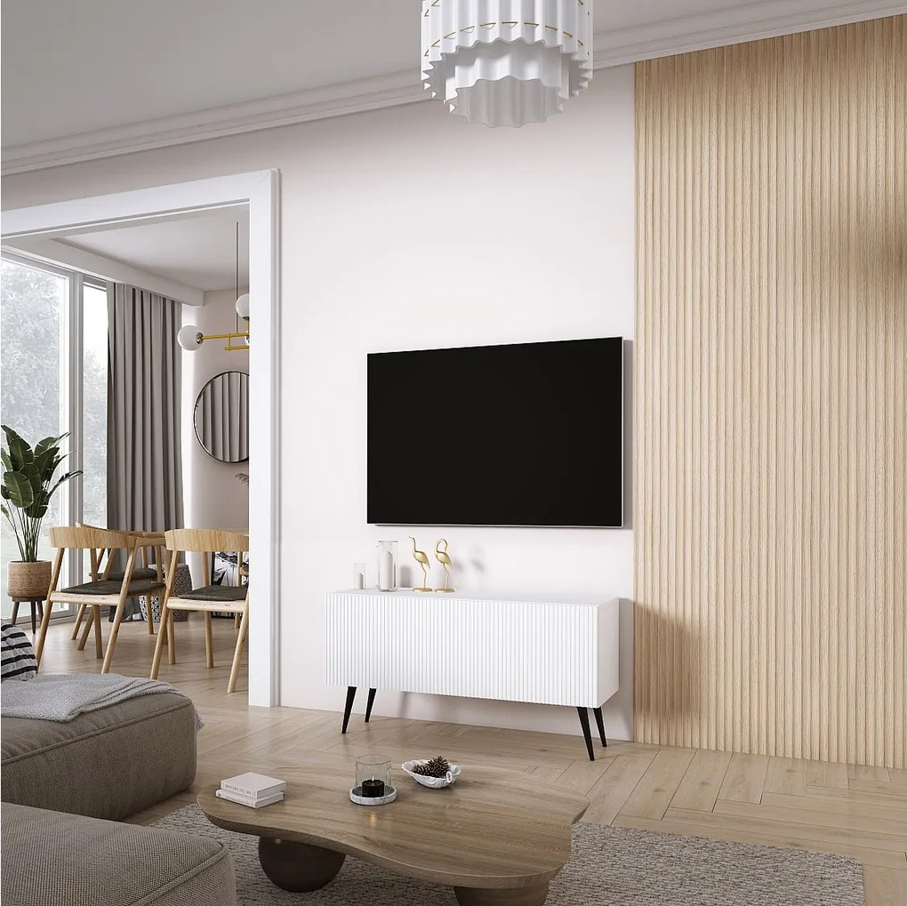 Szafka pod telewizor z ryflowanym frontem 100, Biały Mat, nóżki pochyłe czarne, 100 × 32 × 52 cm