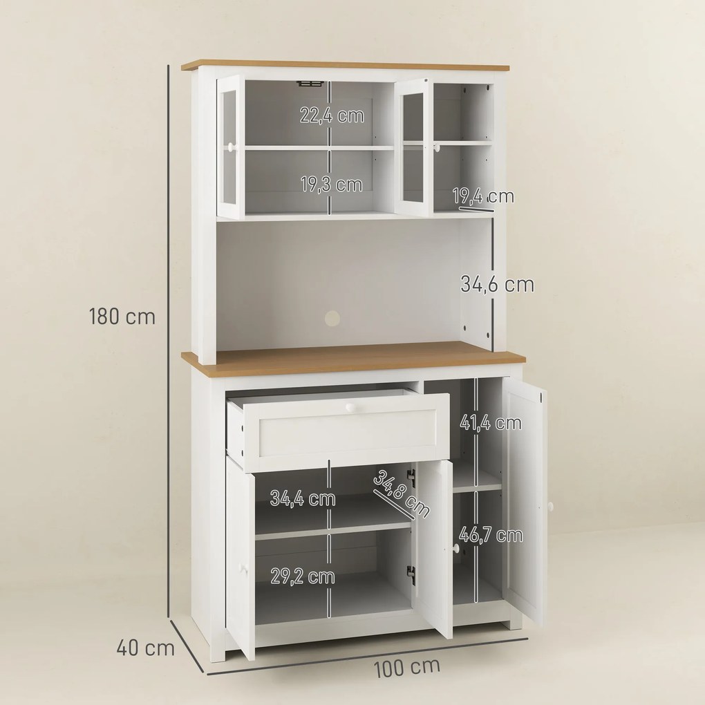 HOMCOM Szafka kuchenna w stylu wiejskim, 1 witryna, 1 otwarta półka, 1 szuflada, 2 szafki, Naturalne + Białe | Aosom PL