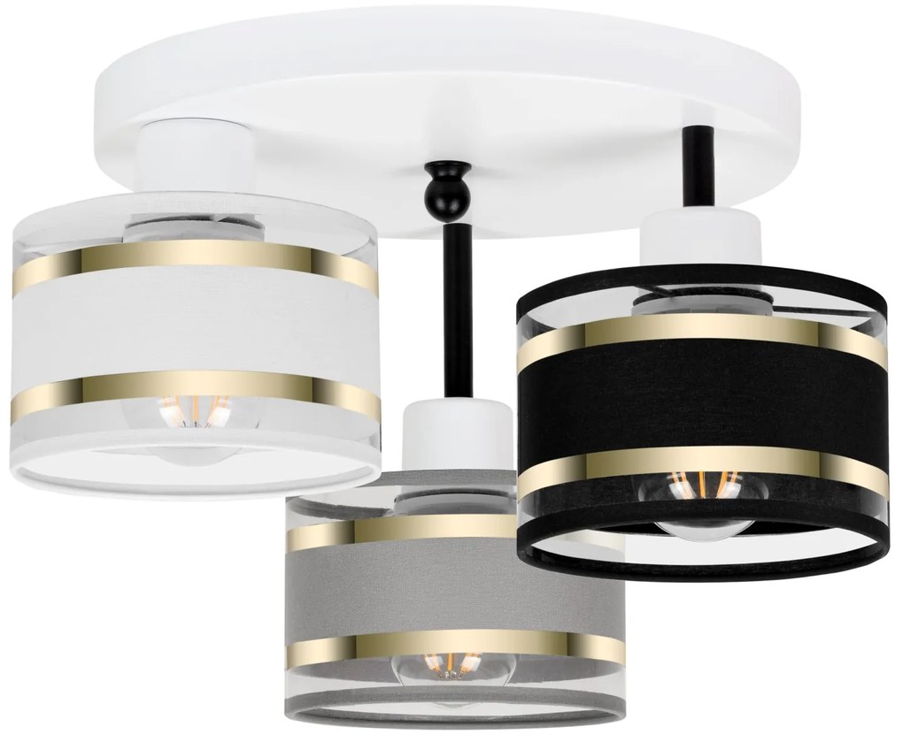 Lampa sufitowa biała trzypunktowa z szaro-czarno-białymi abażurami T-3