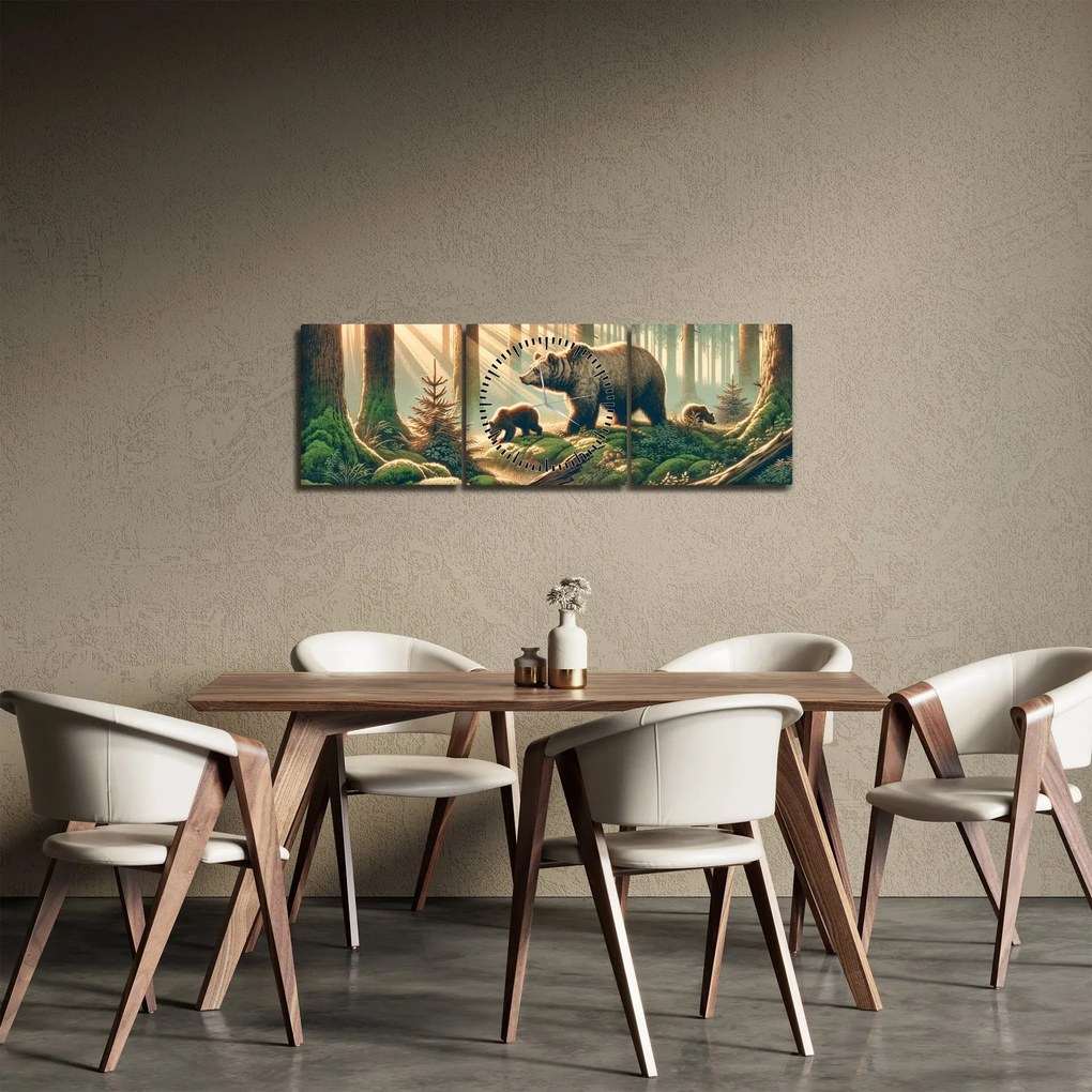 Obraz - Niedźwiedzie w lesie (z zegarem) (90x30 cm)