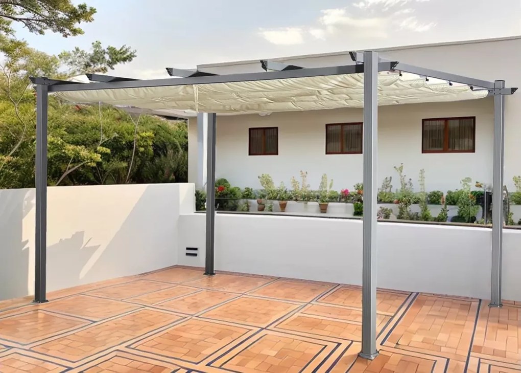 Pawilon ogrodowy Desire 3x4 m – nowoczesna altana tarasowa z aluminiową ramą i rozsuwanym dachem w kolorze ecru