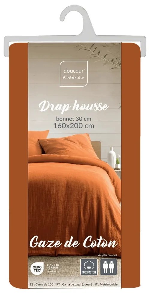 Pomarańczowobrązowe prześcieradło muślinowe 160x200 cm Angelia – douceur d'intérieur