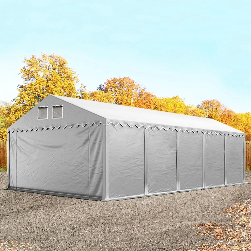 TOOLPORT 5x10m Namiot magazynowy - 2,6 m wysokość ścian bocznych, PVC 800, szary, ze statyką (podłoże gruntowe) - (49870)