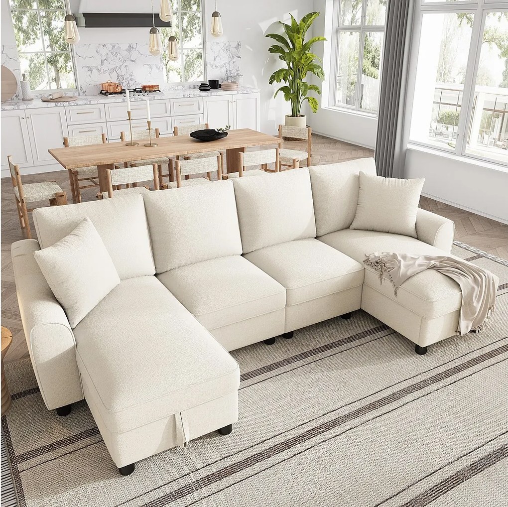 Narożnik w kształcie litery U z szezlongiem ze schowkiem i zdejmowanymi poduszkami – Chenille – 280 x 137 x 84 cm – Beżowy
