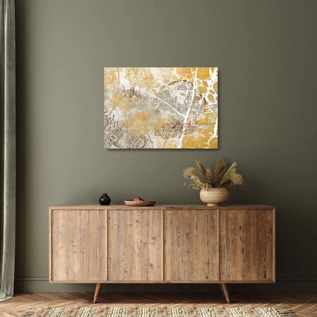 Obraz na szkle - Ściana w stylu vintage z kwiatami (70x50 cm)