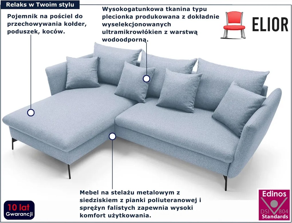 Niebieski narożnik nowoczesny z funkcją spania L5-B08