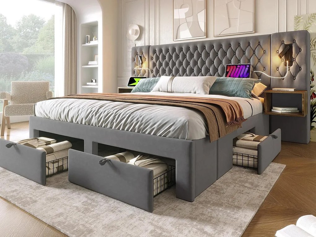 Łóżko dwuosobowe z weluru 180x200 cm - z 2 szafkami nocnymi i 4 szufladami - 2 lampki do czytania z gniazdem USB - Szare (materac nie wchodzi w skład)