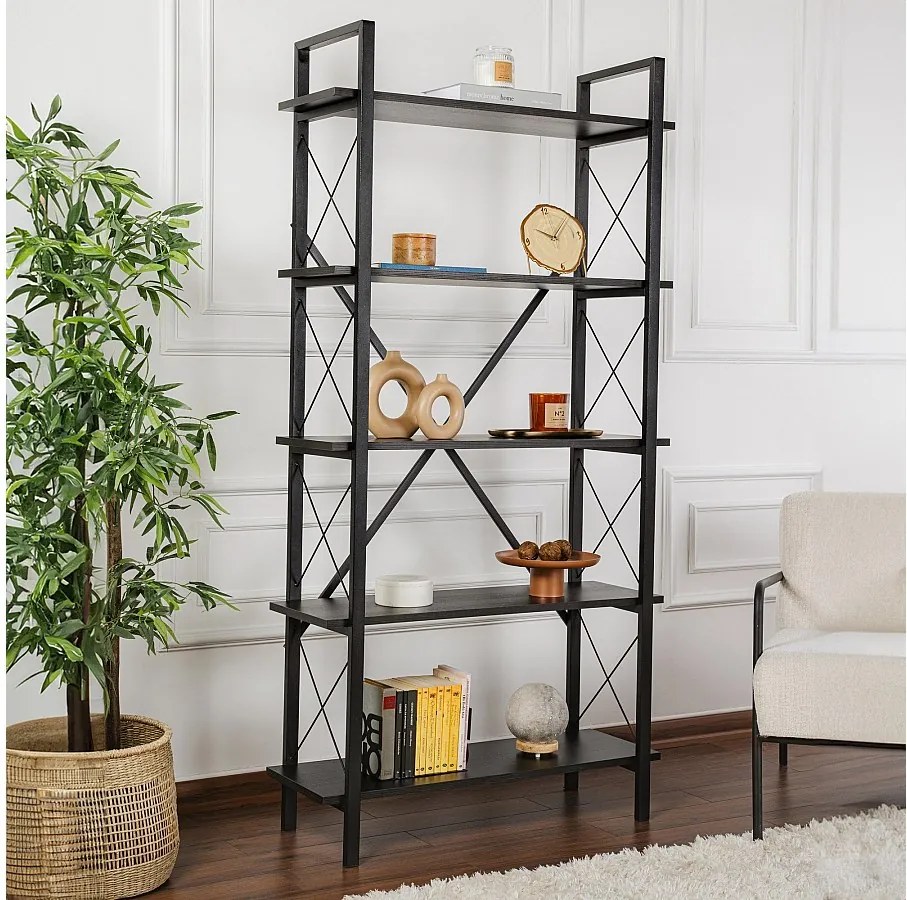 Elegancki czarny regał z metalową ramą, 90 x 180 x 33,5 cm | Płyta wiórowa pokryta melaminą w 100% | Trwała i funkcjonalna konstrukcja, możl