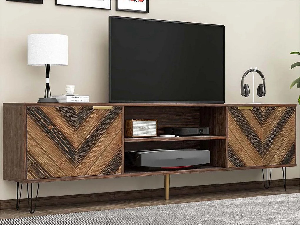 Meble TV 160cm - 2 przegródki i 2 drzwi - fornir z rysunkiem drewna - płyta wiórowa - Brązowy