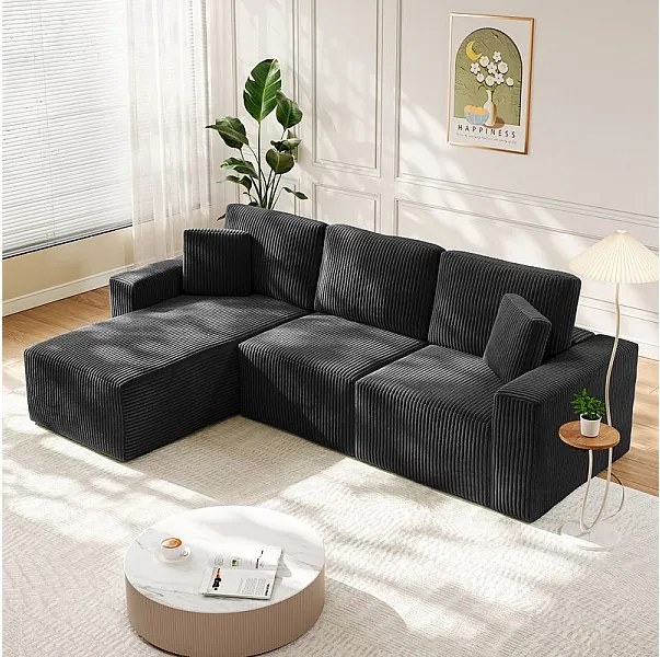 Modułowa narożna sofa lewa 3-osobowa w welurze żebrowanym, z 2 poduszkami, leżanka 70x125cm, Czarny