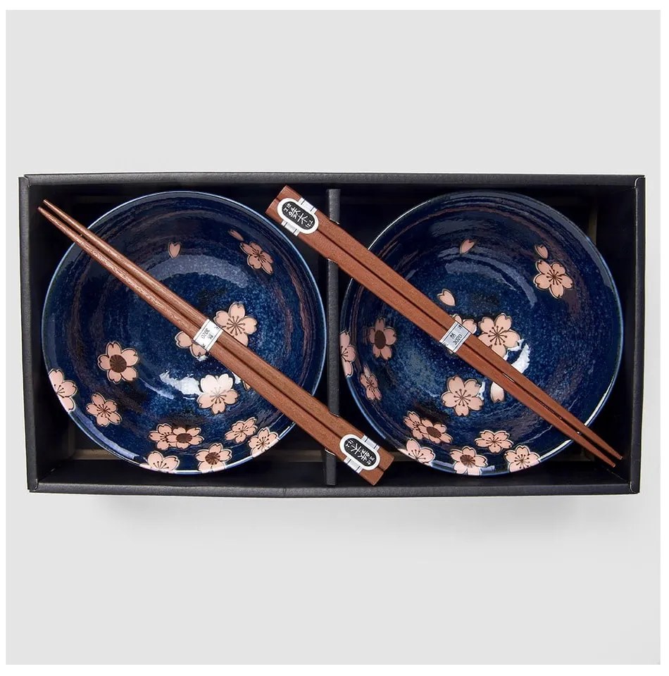 Zestaw 2 niebieskich ceramicznych misek i pałeczek MIJ Pink Sakura