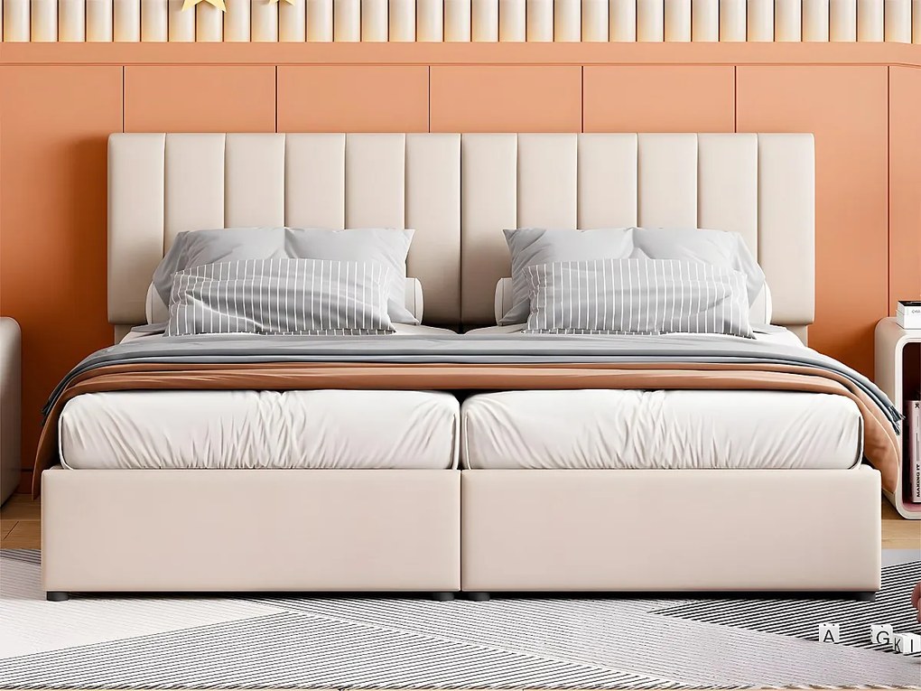 Łóżko z tapicerowanym zagłówkiem z lnu - 180x200cm - przekształcane w 2 pojedyncze łóżka - Beżowe