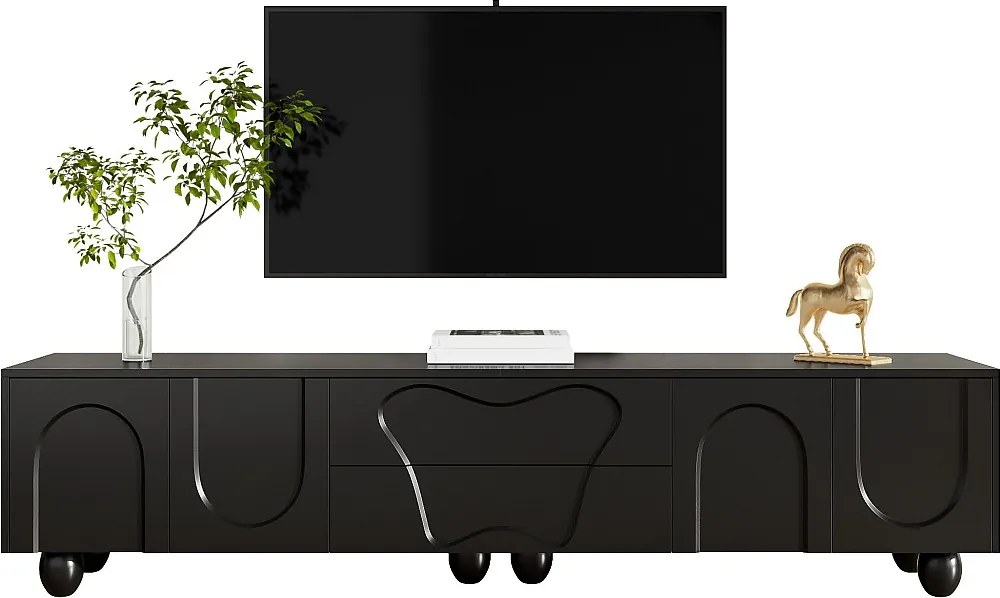 Szafka RTV na nogach drewnianych - 180 x 40 x 42 cm - z 2 szufladami + 4 drzwiami - płyta wiórowa - czarna