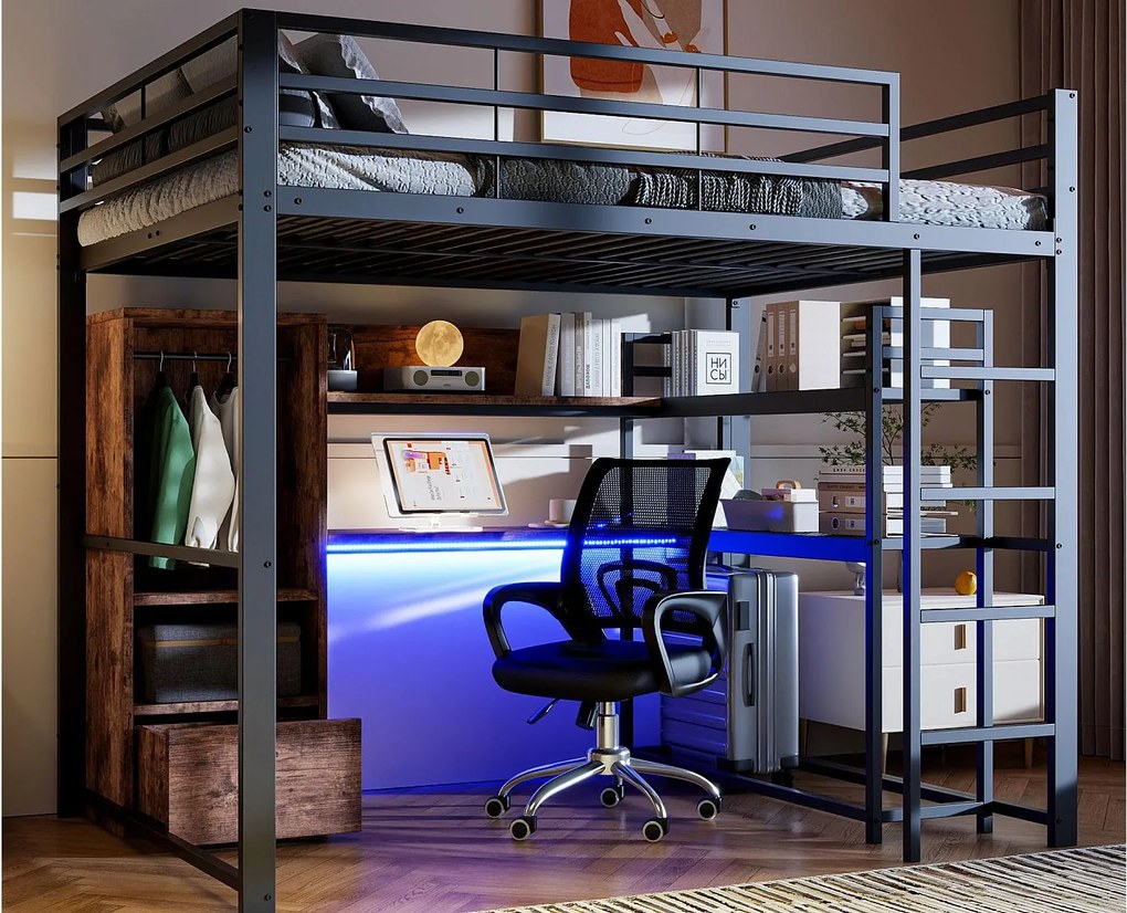 Łóżko na antresoli 140x200 cm – z oświetleniem LED – z biurkiem – z 1 szufladą – ze schodami – czarne