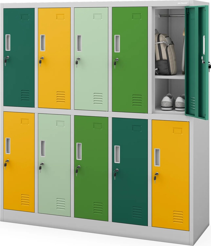 Kolorowa szatnia szkolna 10-skrytkowa Bartuś 136x45x150 cm