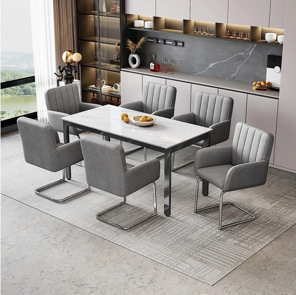 Zestaw 6 krzeseł do jadalni - 56 x 57 x 86 cm - fotel tapicerowany - nogi metalowe - skóra ekologiczna - szary