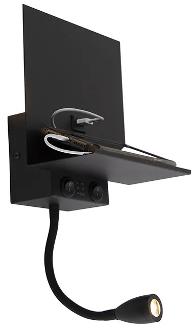 Nowoczesna lampa ścienna czarna z USB i elastycznym ramieniem - Flero Nowoczesny Oswietlenie wewnetrzne