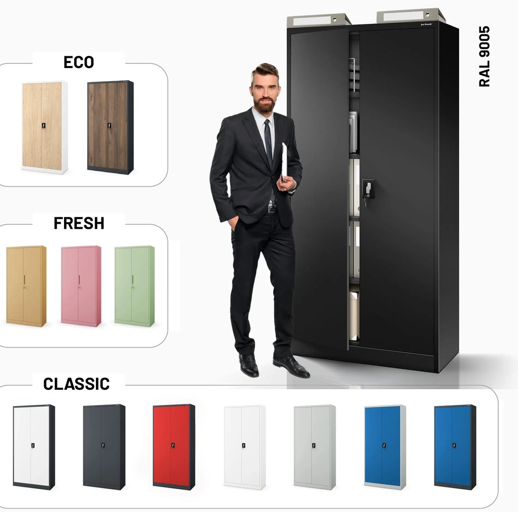 Szafa na dokumenty biurowa metalowa czarna: JAN H, 900 x 1950 x 400 mm