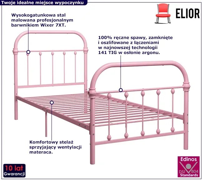 Różowe pojedyncze łóżko metalowe 90x200 cm - Asal
