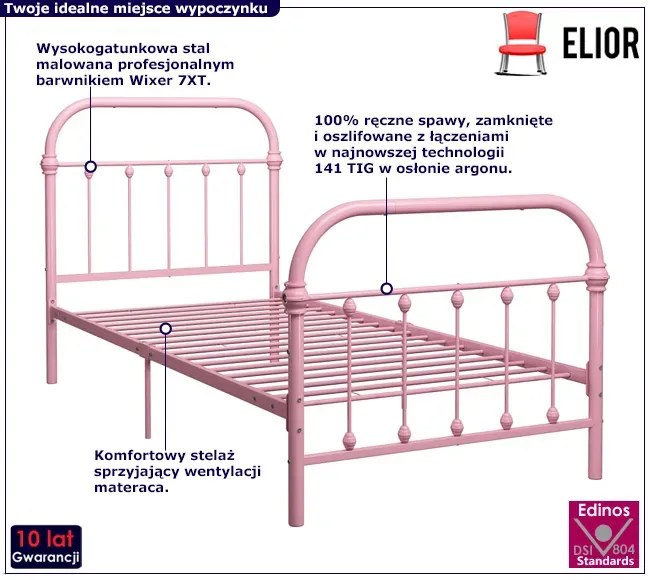 Różowe pojedyncze łóżko metalowe 90x200 cm - Etiosa
