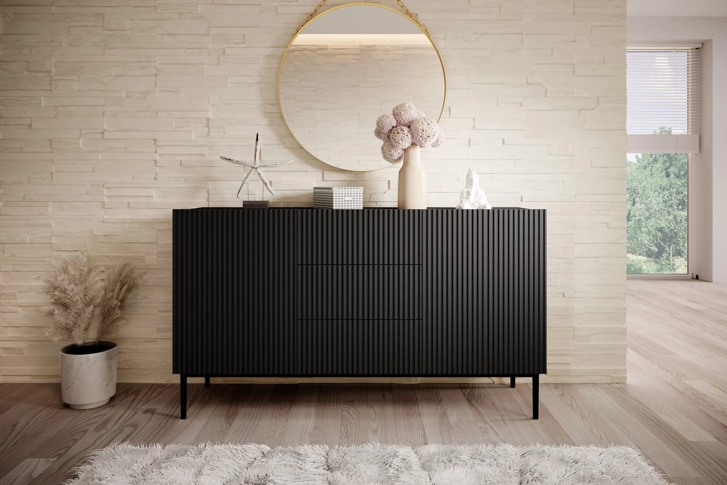Komoda Nicole 150 cm z szufladami i półkami - czarny mat / czarne nóżki